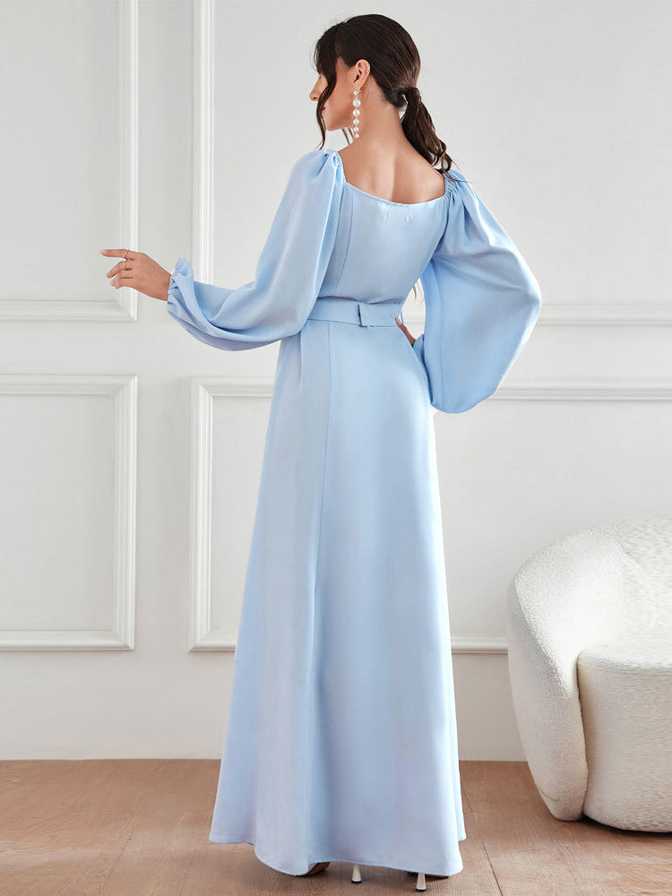 Elegant Langry high-waist fashion dress in light blue satin with puff sleeves, square neckline, belt, and rhinestones
