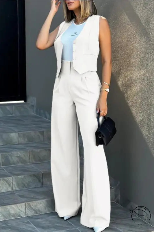 Elegant vest jacket wide leg pants set in white for women