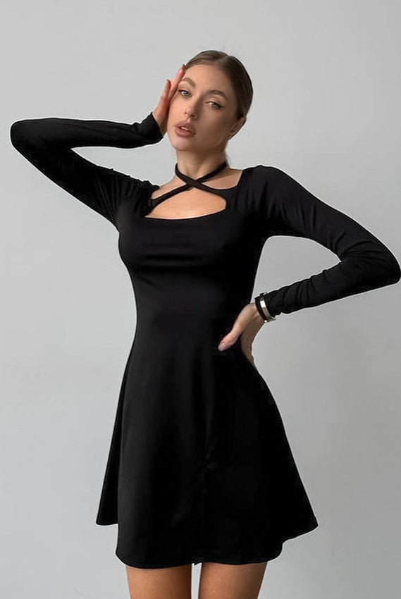 Elegant black long-sleeved langry dress with cutout neckline and flared skirt