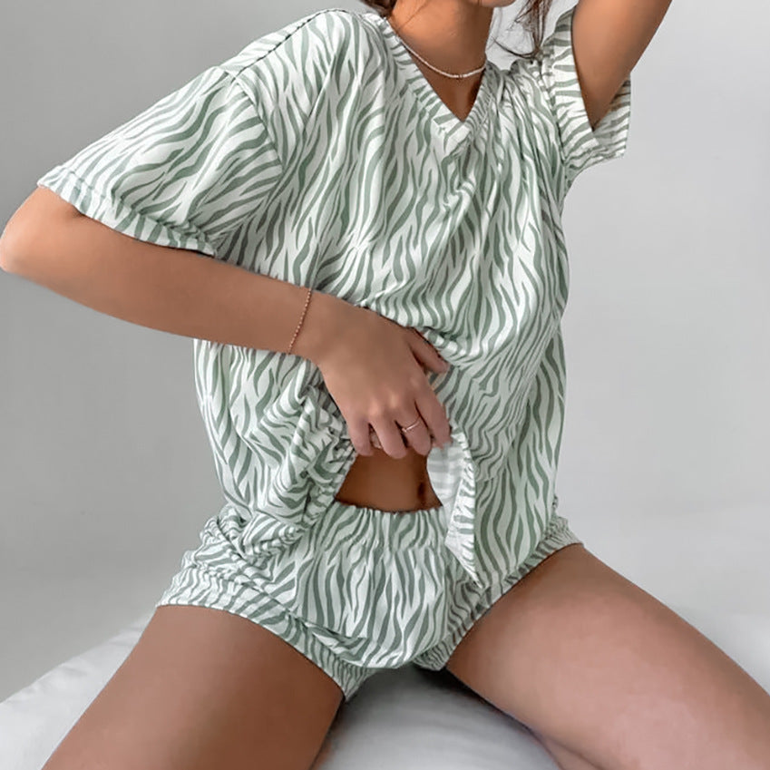 Green and white zebra print short pajama set in knitted soft comfortable homewear