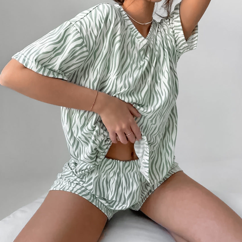 Green and white zebra print short pajama set in knitted soft comfortable homewear