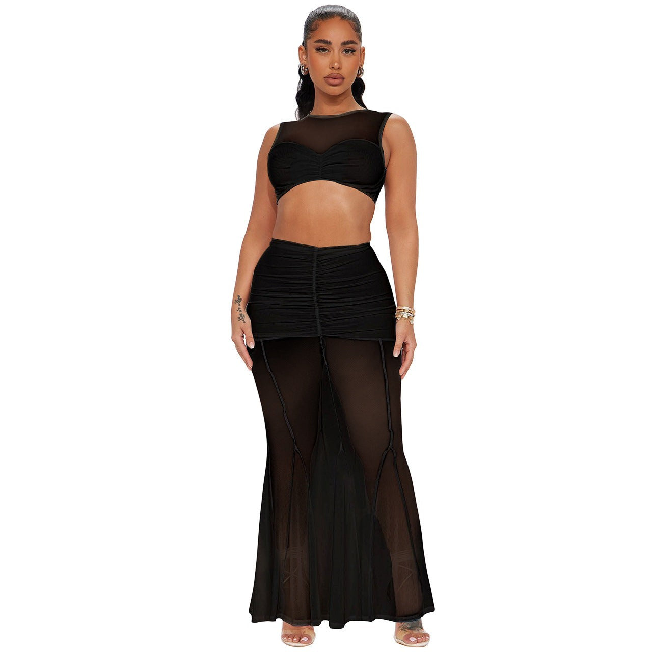 Black mesh sheath fishtail set, fashionable mid-length skirt ensemble for stylish looks