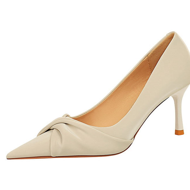 Langry fashion beige satin bow pointed toe thinner stiletto heel pumps