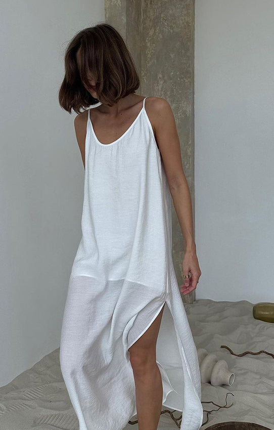 White minimalist langry fashion pajamas dress with asymmetrical hem
