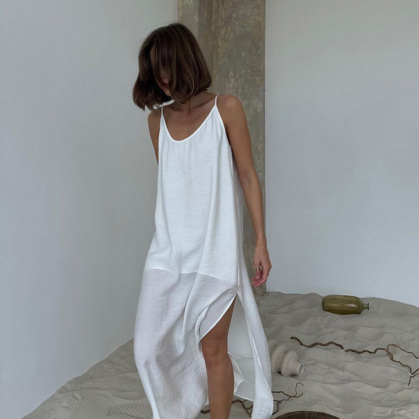 White minimalist langry fashion pajamas dress with asymmetrical hem