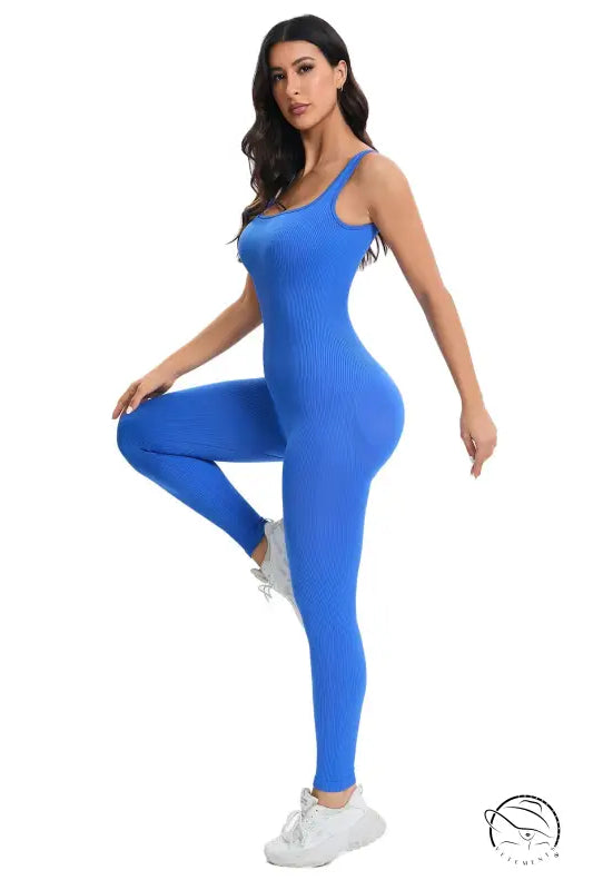 Langry vibrant royal blue ribbed seamless athletic jumpsuit in peach slim fit fashion