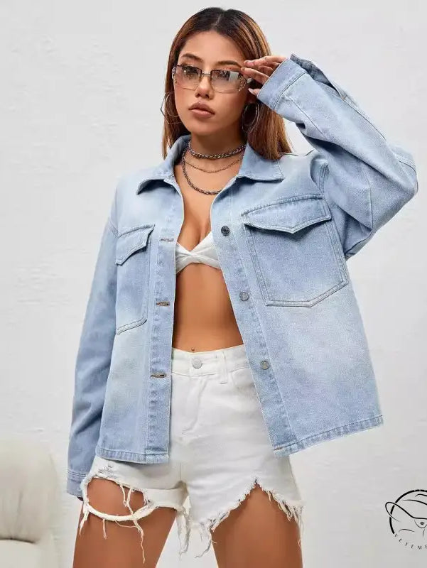 Fashionable light blue langry denim coat with four pockets and buttons
