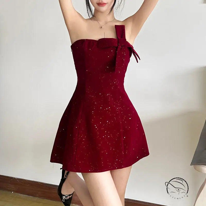 Sparkly red langry one-shoulder fashion dress with bowknot
