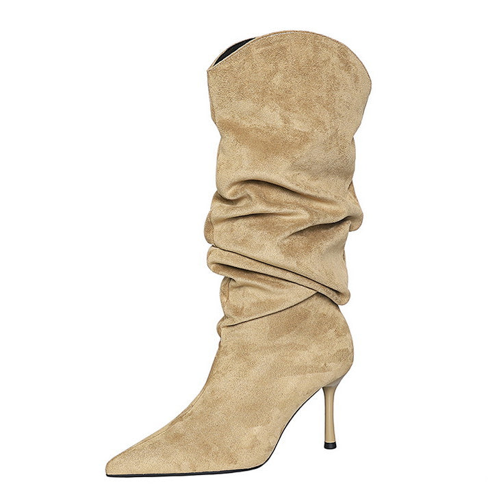 Tan suede langry fashion knee-high boots with pointed toe and slender heel