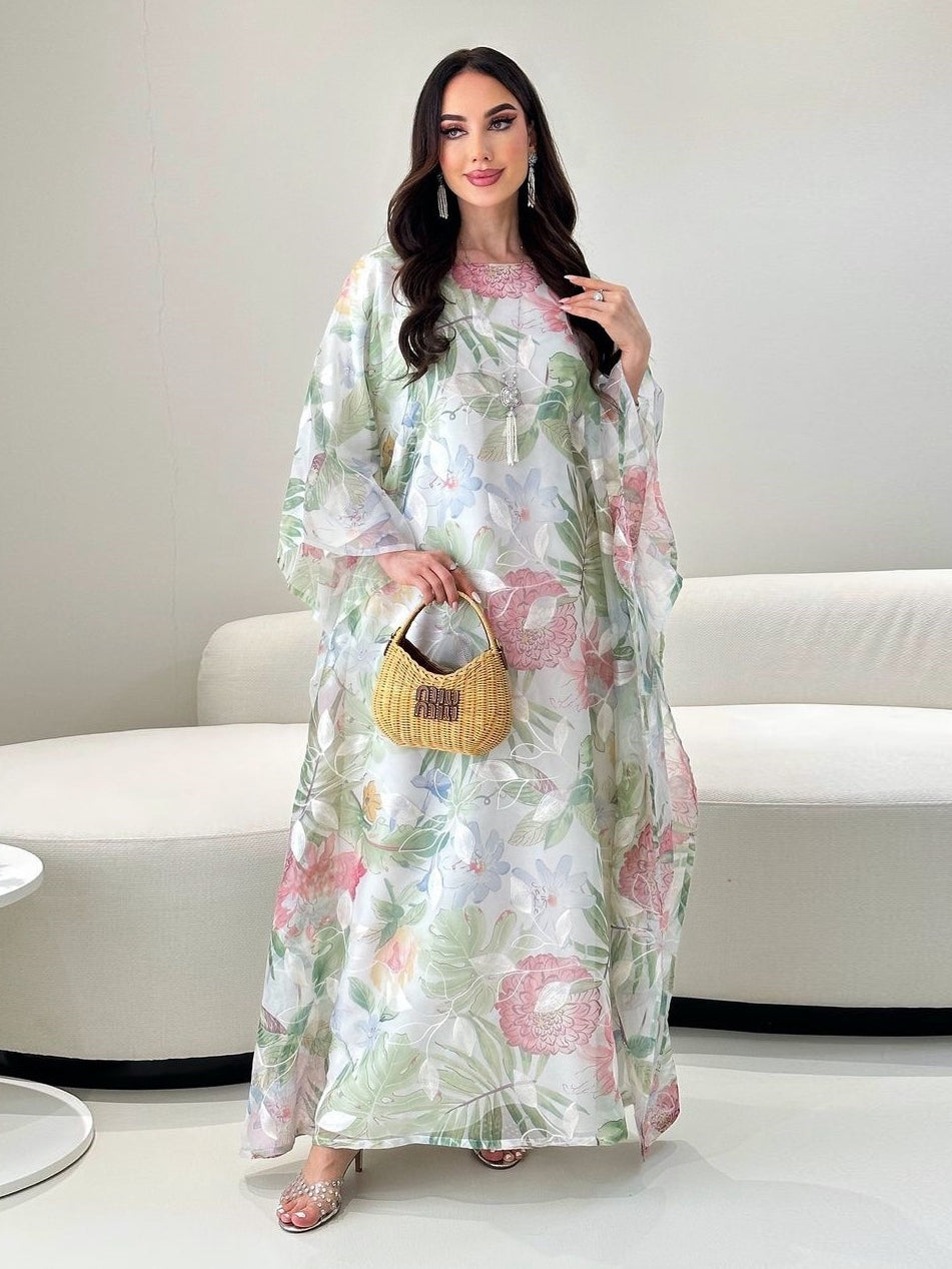 Enchanting embroidered batwing sleeve floral maxi dress in pastel fashion ملابس