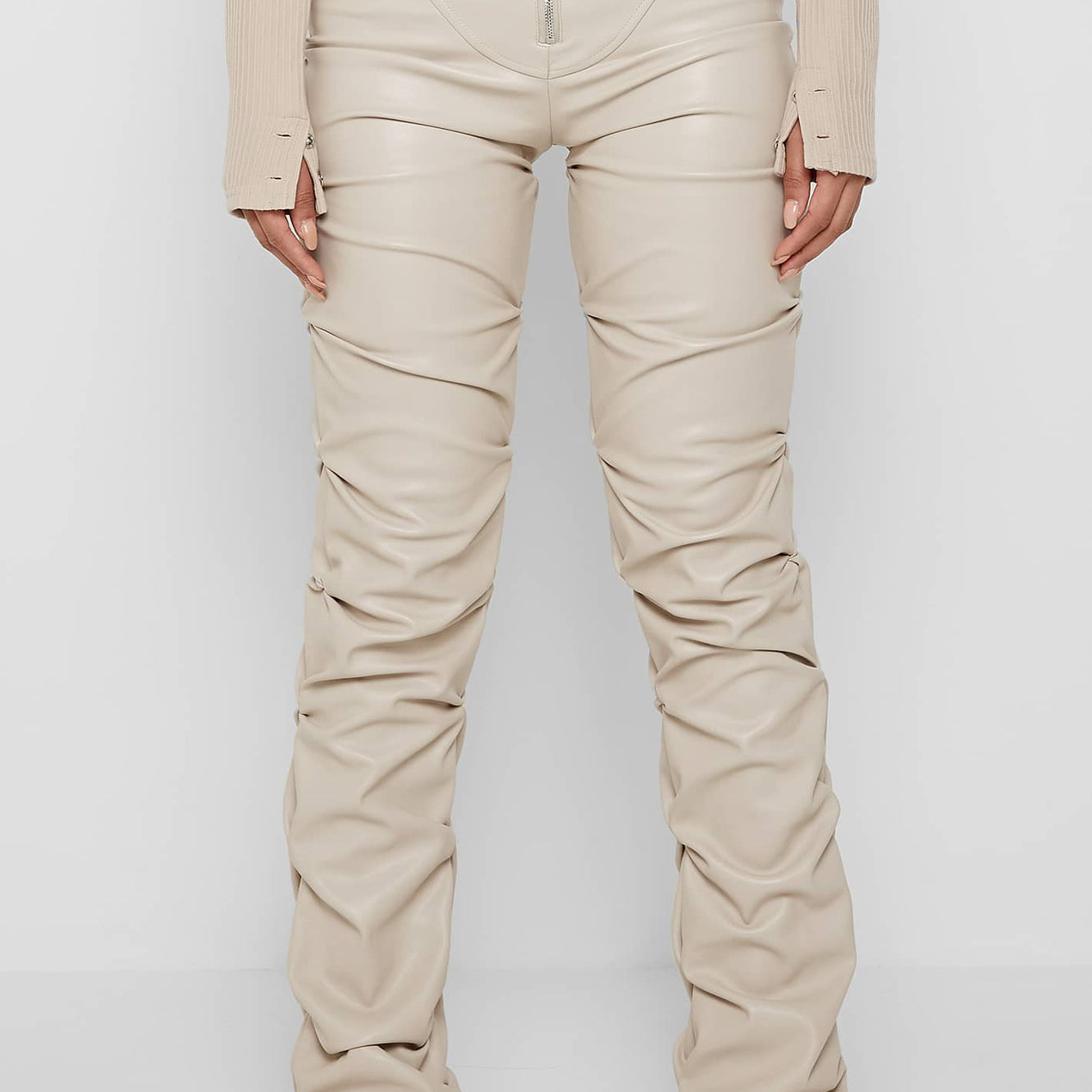 Beige ruched faux leather pants from Tight Faux Leather Four Seasons for stylish fashion
