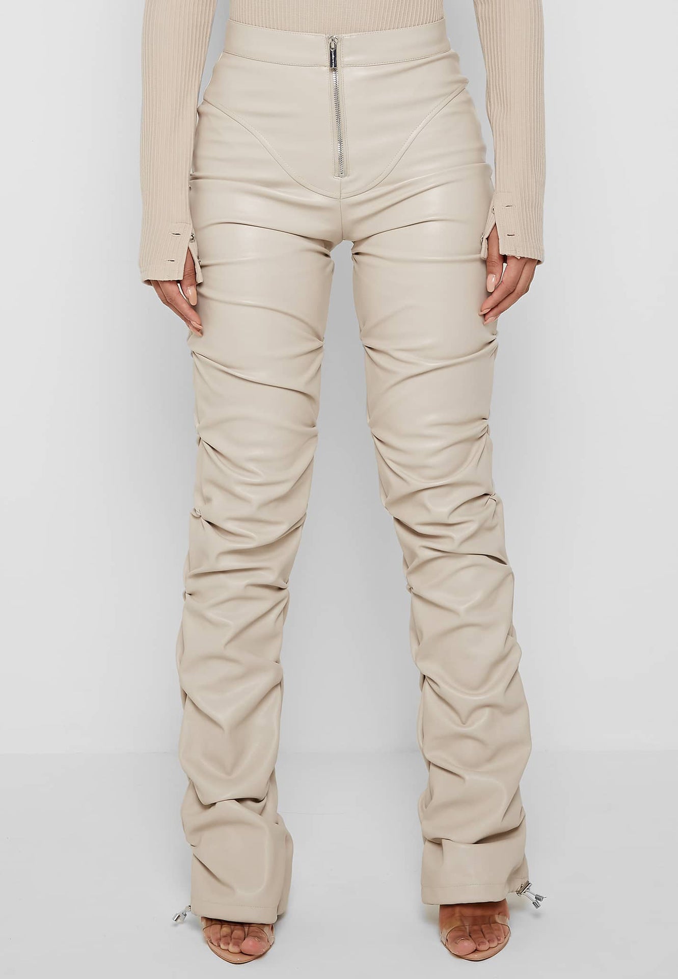 Beige ruched faux leather pants from Tight Faux Leather Four Seasons for stylish fashion