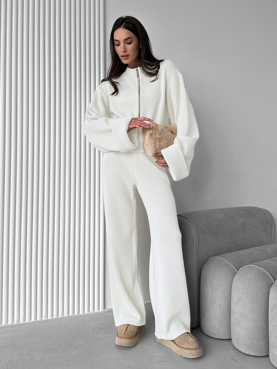 Enchanting white fluffy langry sweater and wide-leg pants set