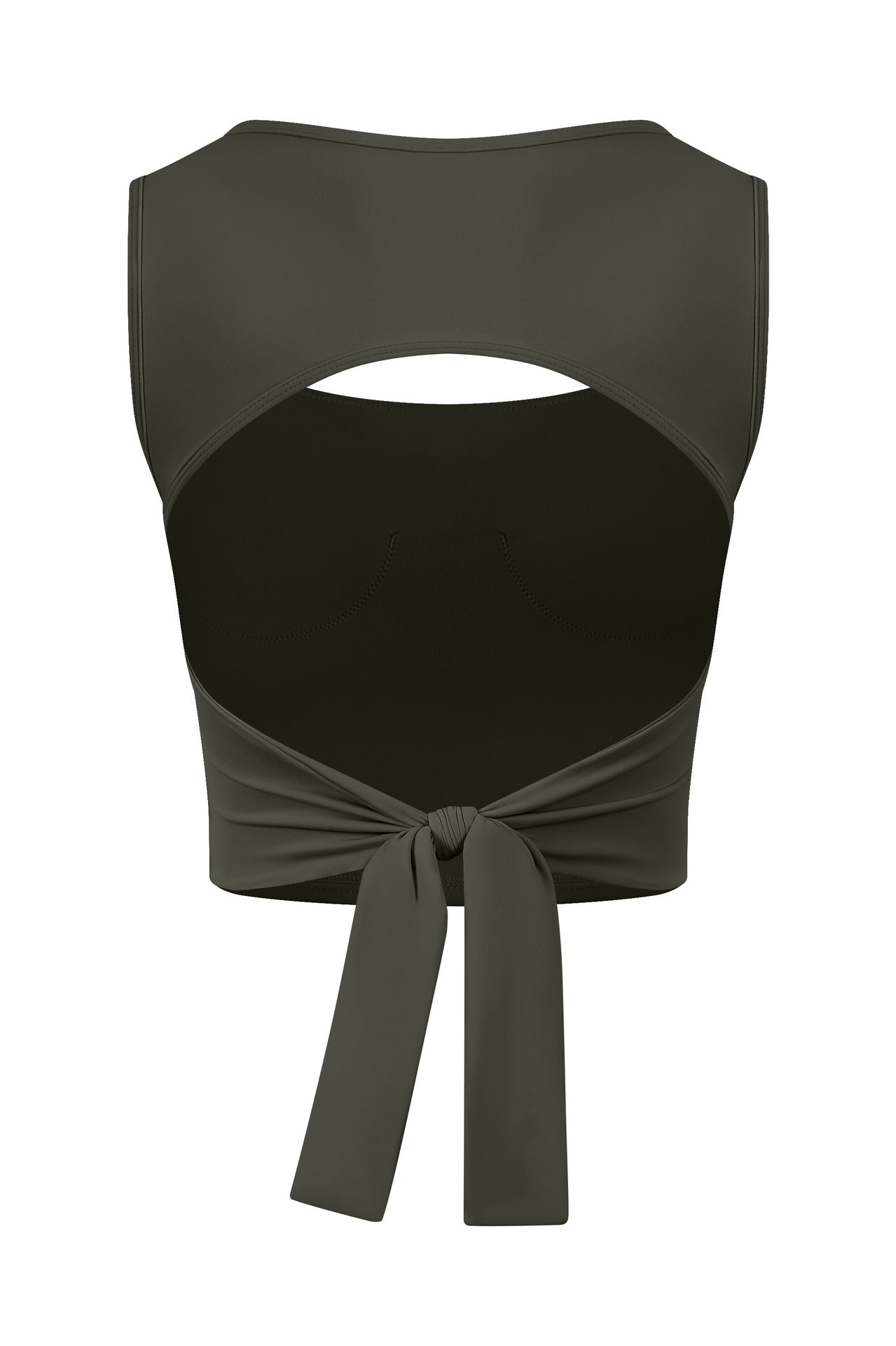 Olive green adjustable shockproof outdoor running bra with bow tie front and cutout back