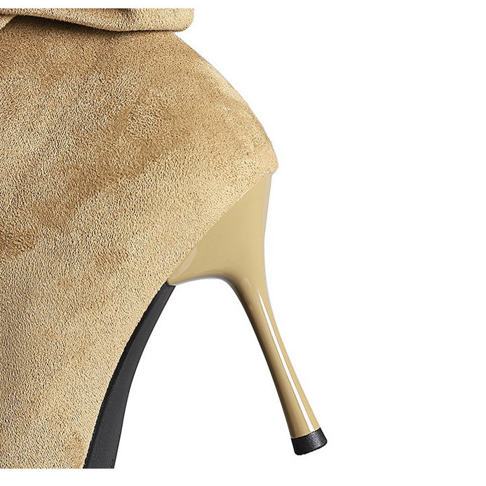 Tan suede langry fashion boot with glossy beige stiletto heel