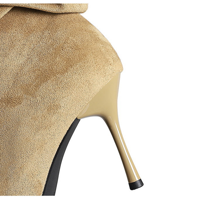 Tan suede langry fashion boot with glossy beige stiletto heel
