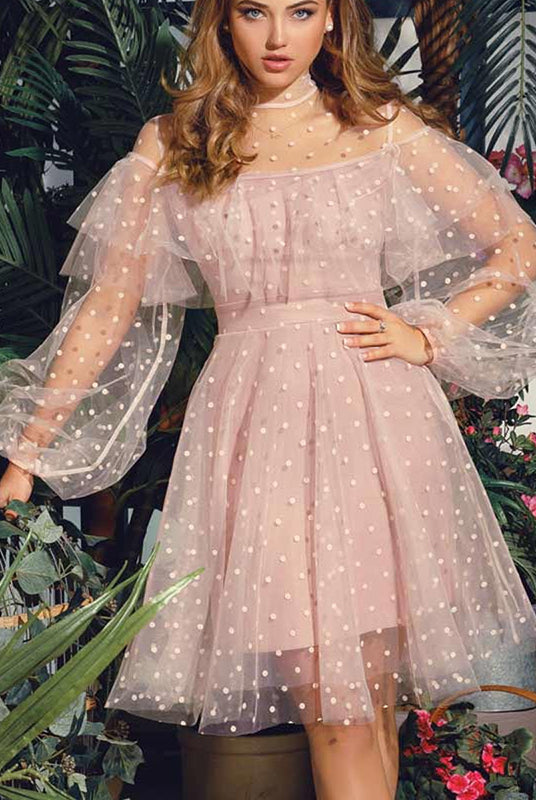 Romantic pink tulle dress with polka dots and balloon sleeves for elegant evening fashion