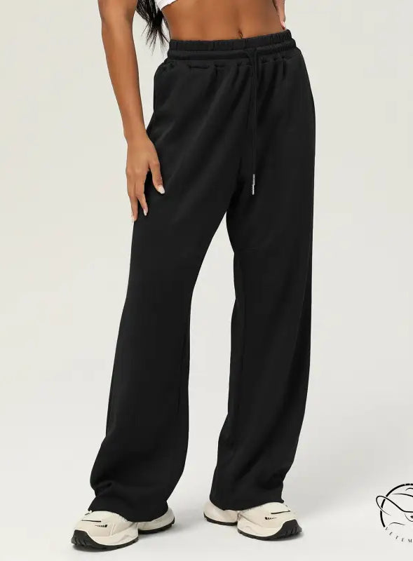 Black casual fitness yoga pants with elastic waistband and drawstring