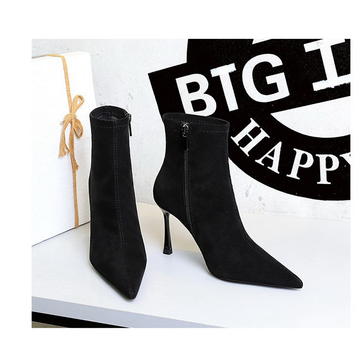 Elegant langry black suede pointed-toe high heel ankle boots