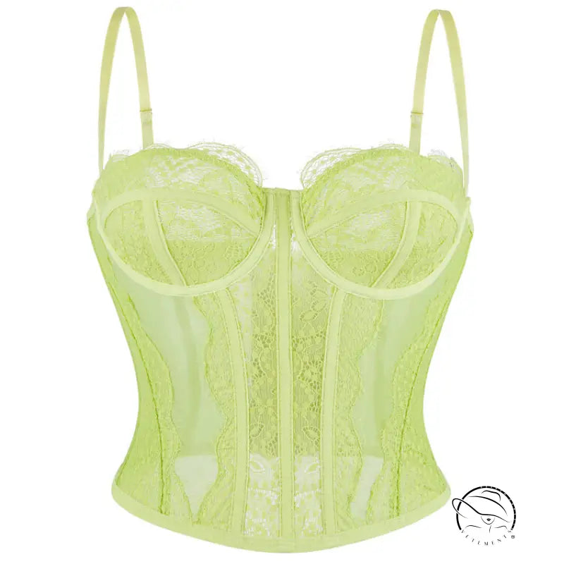 Neon green lace langry fashion corset top with mesh panels