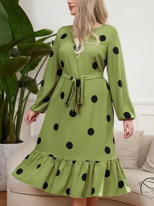 Lime green polka dot lotus leaf dress with ruffled hem