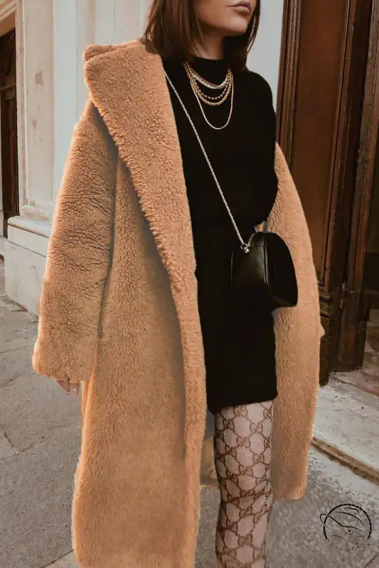 Langry fashion casual faux fur tan teddy bear coat ملابس