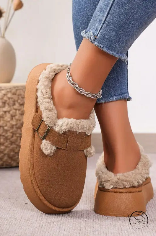 Brown faux-suede platform clogs with faux-fur trim in Langry fashion