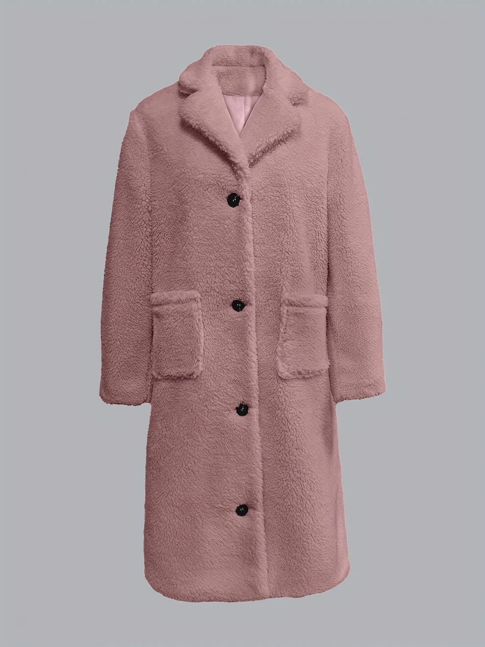 Long pink faux-fur coat with fur collar from Langry Fashion, perfect for stylish ملابس