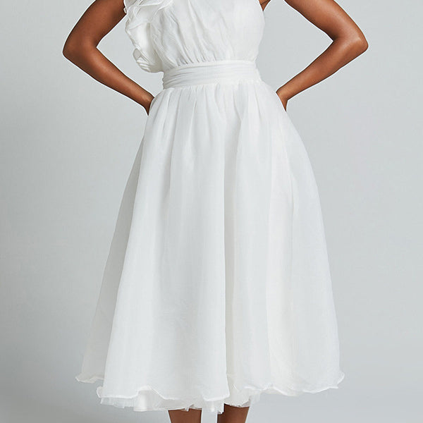 Elegant one-shoulder white midi dress with ruffled detail for fashionable women
