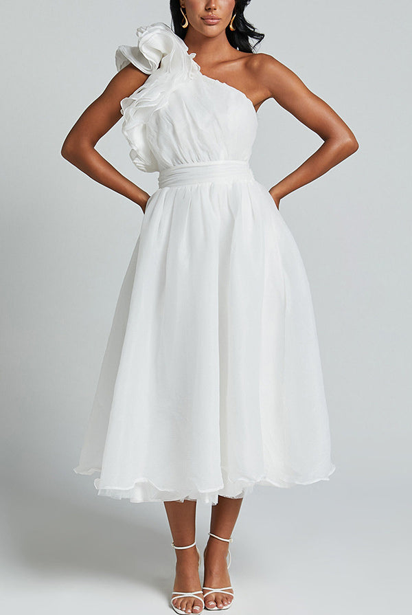 Elegant one-shoulder white midi dress with ruffled detail for fashionable women