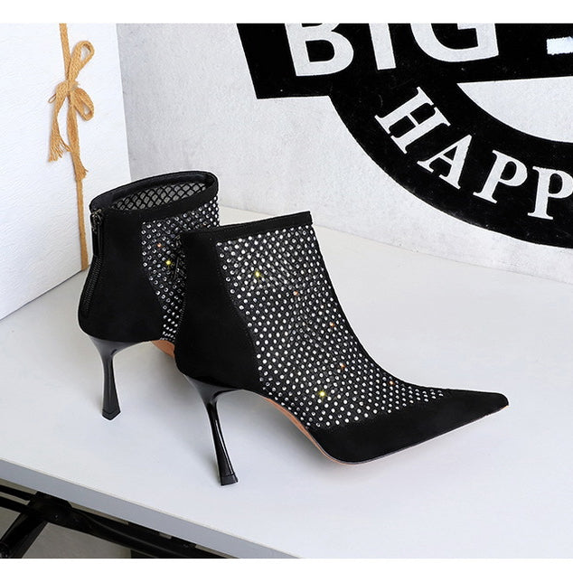 Langry fashion black suede stiletto ankle boots with mesh and rhinestone design