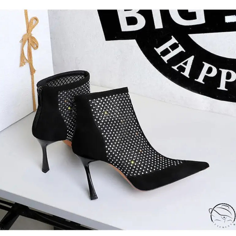 Black langry suede ankle boots with mesh rhinestone stiletto heels