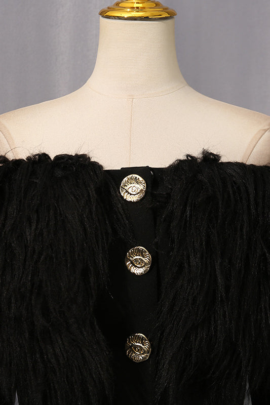 Langry elegant black feathered fashion blazer with gold buttons and trim