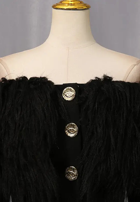Elegant black feathered langry fashion blazer with gold buttons and trim