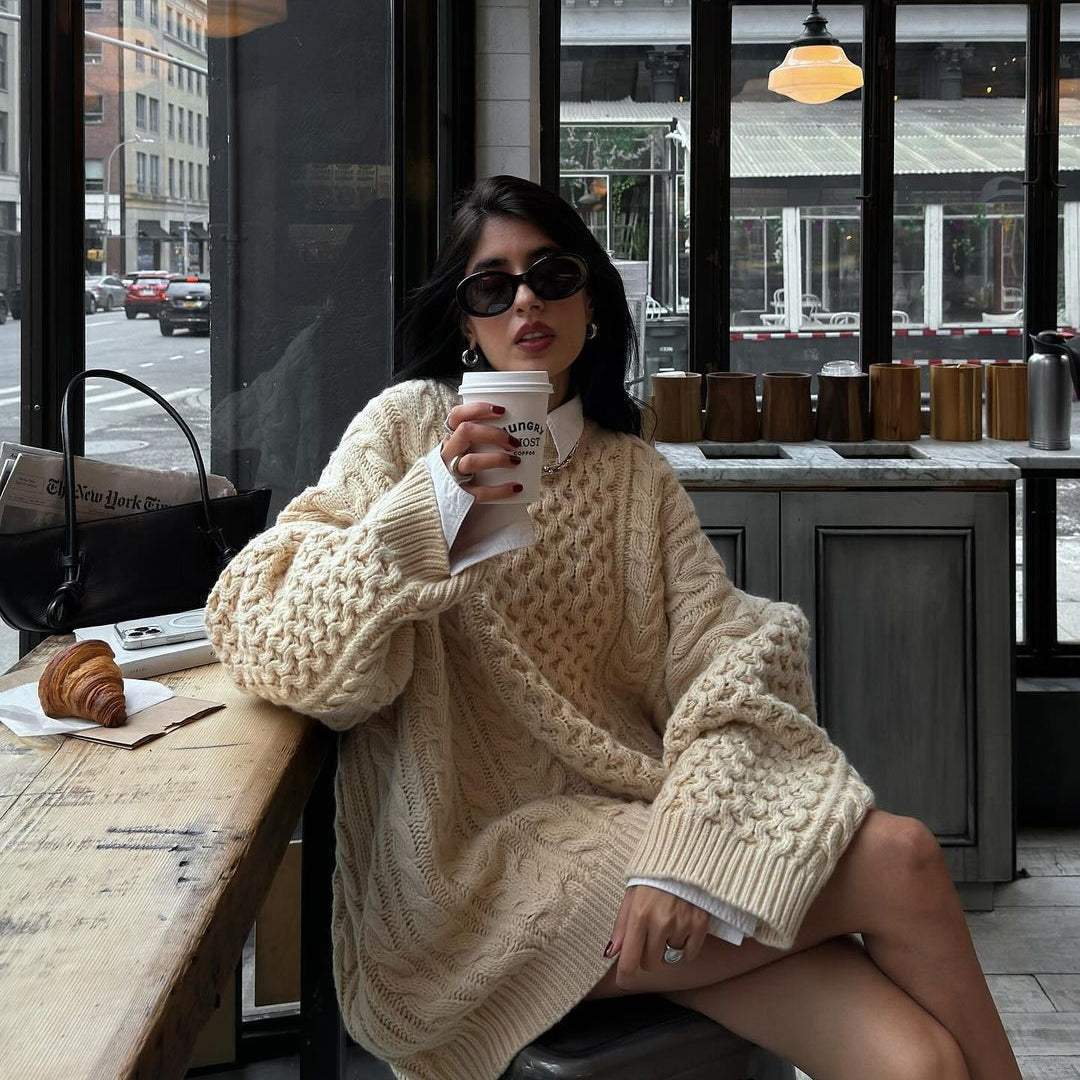 Oversized cable-knit sweater dress in loose casual lazy knitted top fashion for ملابس style