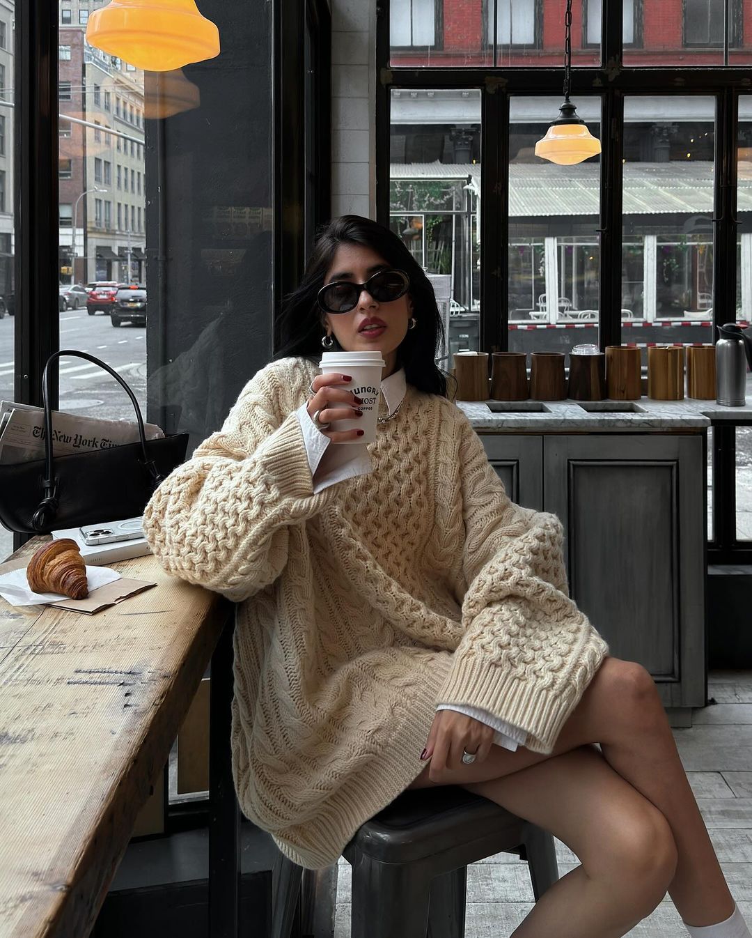 Oversized cable-knit sweater dress in loose casual lazy knitted top fashion for ملابس style