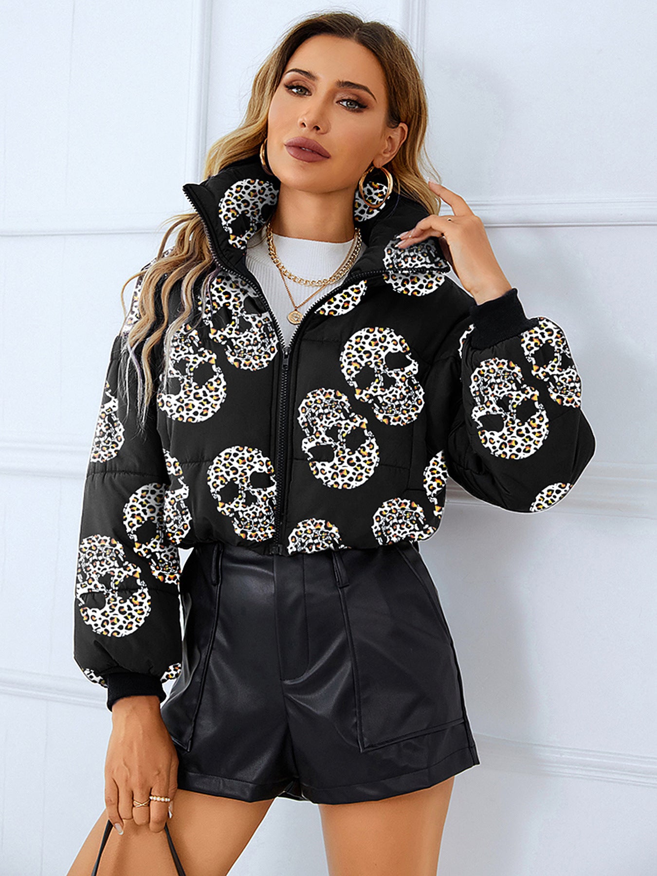 Elegant Thermal Cotton Padded Coat features a stylish skull-patterned design for fashion