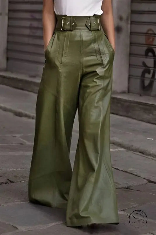 Olive green faux leather bell bottom pants with buckles