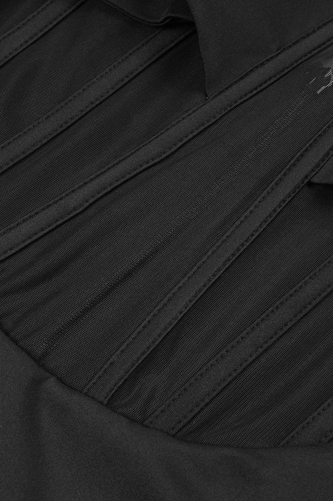 Black fabric with stitched pleats featured in Attractive Black Rhinestone Maxi Dress