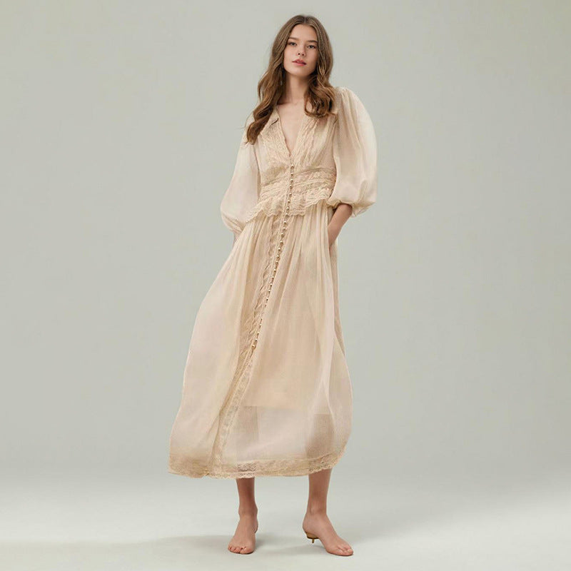 Elegant sheer beige dress showcasing luxurious langry fashion and ملابس elegance