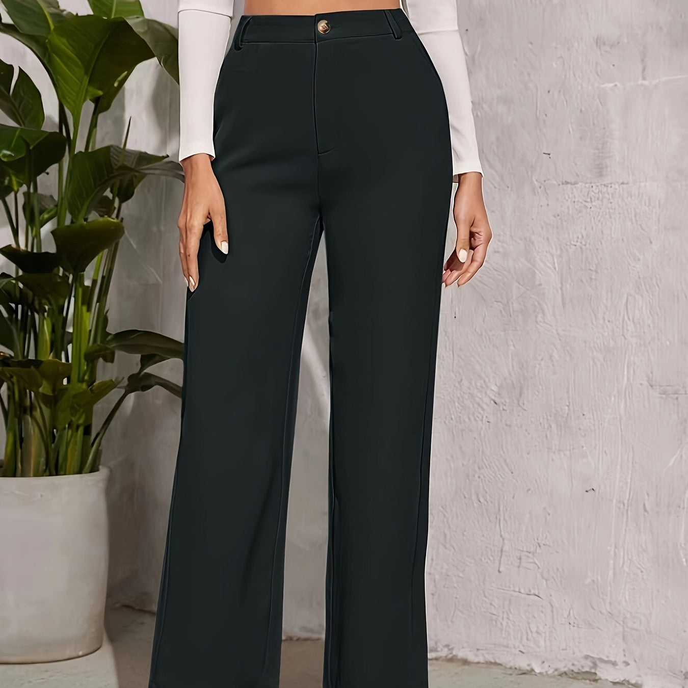 Dark green wide-leg high waist dress pants for elegant casual fashion ملابس