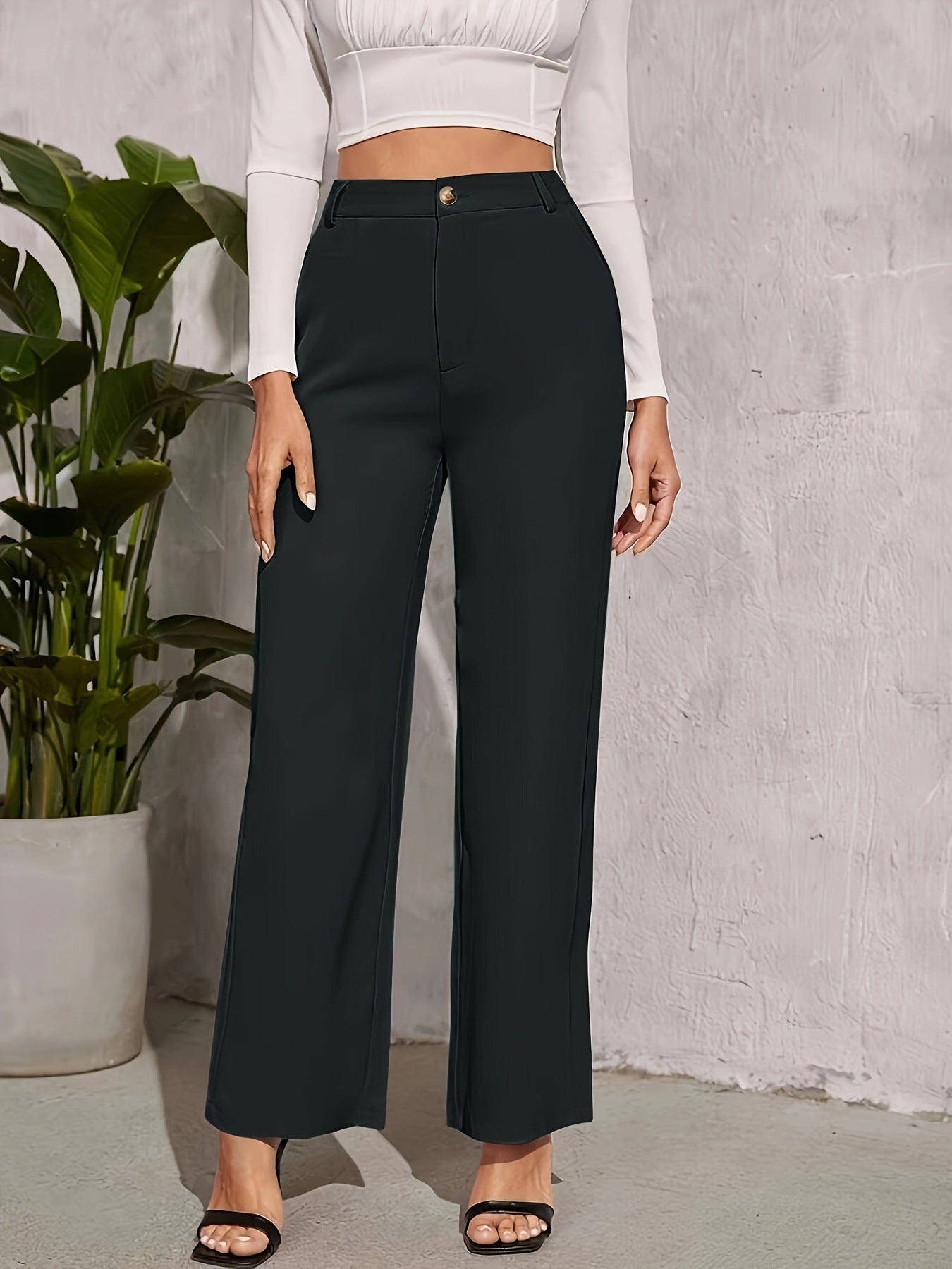 Dark green wide-leg high waist dress pants for elegant casual fashion ملابس