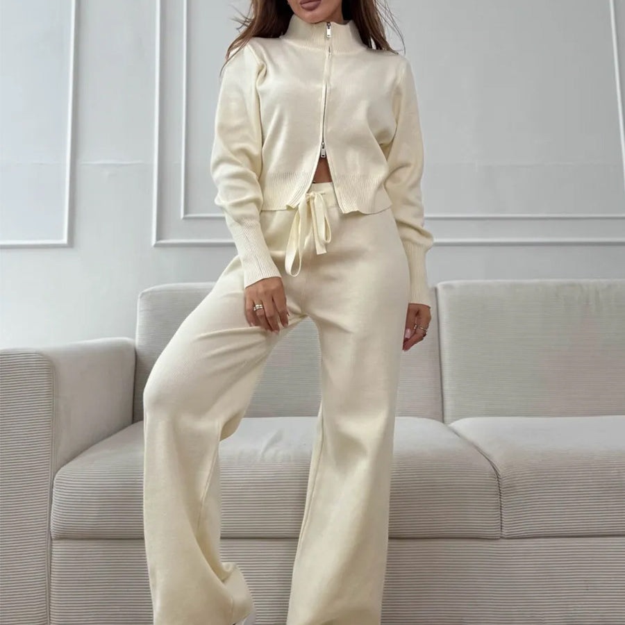 Cream satin langry fashion tracksuit with drawstring waist, high collar, black sneakers