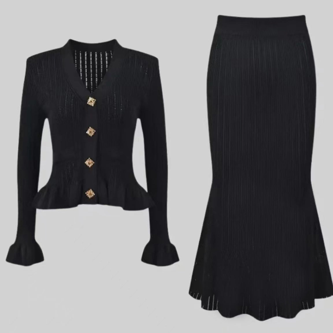 Elegant black knit cardigan and skirt set showcasing fashionable dress skirt style
