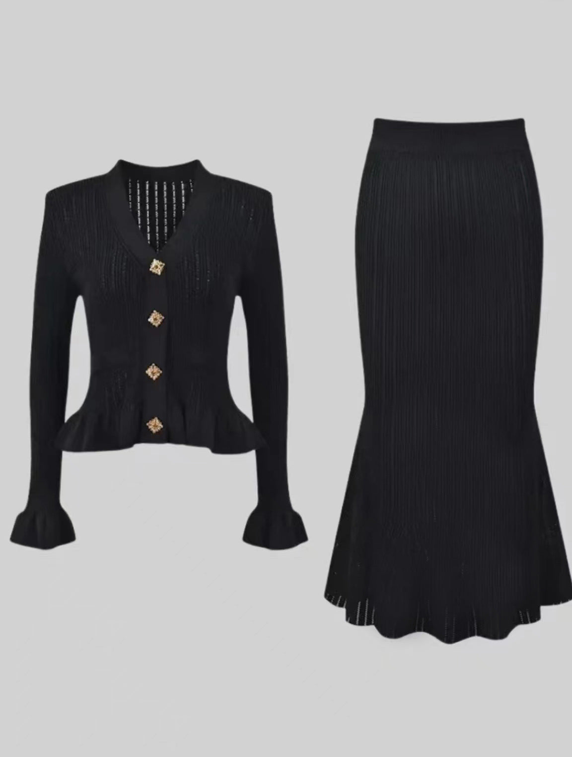 Elegant black knit cardigan and skirt set showcasing fashionable dress skirt style