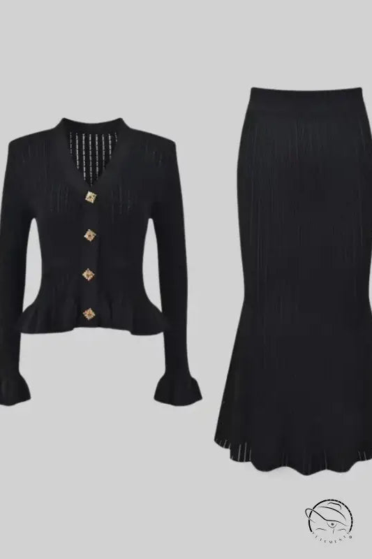 Elegant classic dress and skirt set in black knit cardigan style
