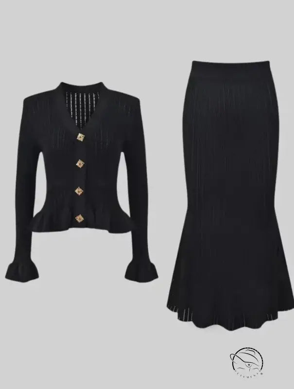 Elegant classic dress and skirt set in black knit cardigan style
