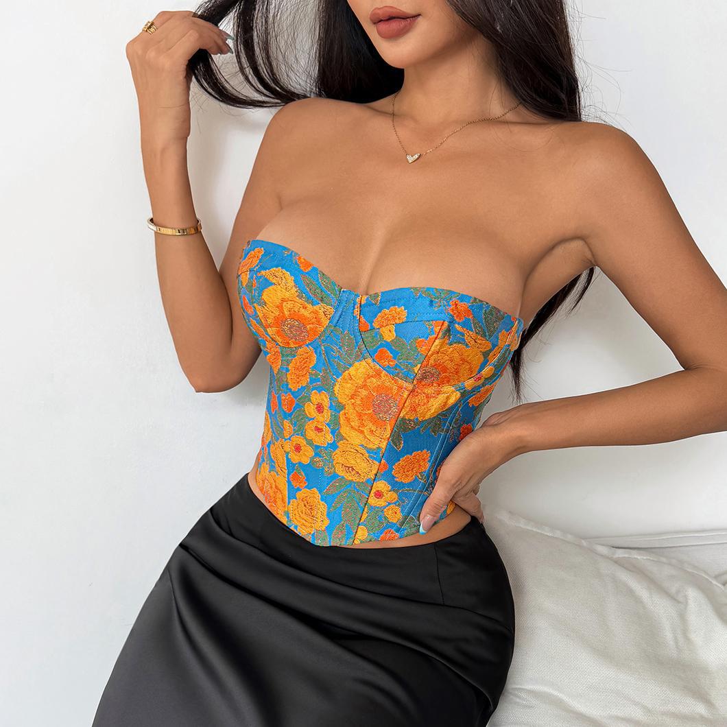 Langry fashion blue and orange floral strapless corset top with black skirt