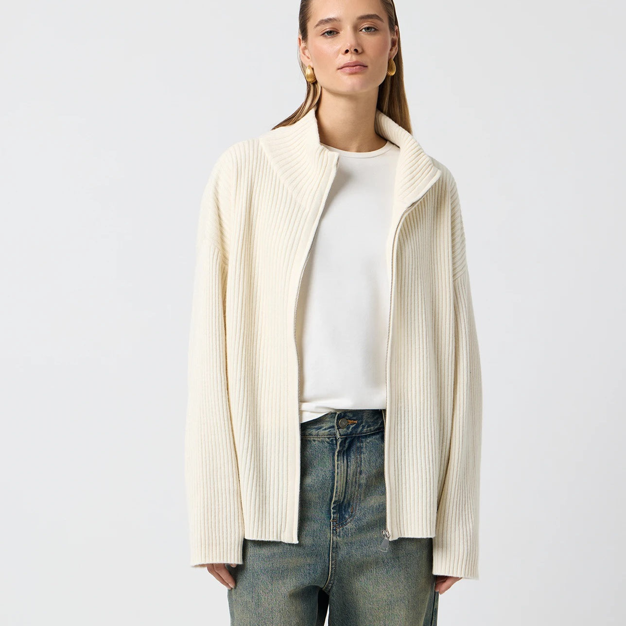 Cozy cream ribbed knit cardigan with high collar, long regular sleeves