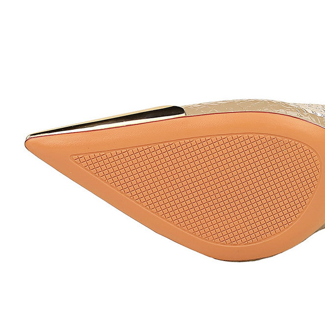 Textured shoe sole of Leather Low Cut Metal Pointed High Heel for stylish fashion trends